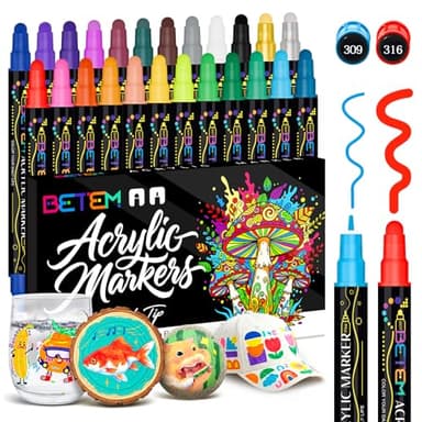 Betem 24 Colors Dual Tip Acrylic Paint Pens Markers, Premium Water-Based Acrylic Paint Markers for Fabric, Rock, Wood, Glass, Paper, Canvas, Ceramic, Fabric Paint Markers DIY Crafts Drawing Markers