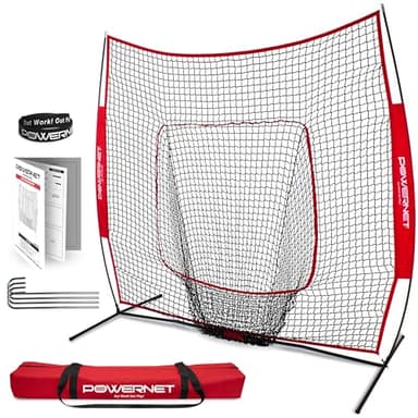 PowerNet Baseball & Softball Practice Net 7x7 FT, Outdoor Baseball Training Equipment for Pitching & Batting Practice (Red Net)