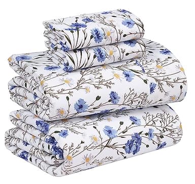 RUVANTI 100% Cotton Sheets – Queen Size Percale Bedding, Cooling & Breathable Floral Design, Durable with a Crisp, Soft & Comfortable Feel, 16" Deep Pocket, 4-Piece Set, Sweet Pea