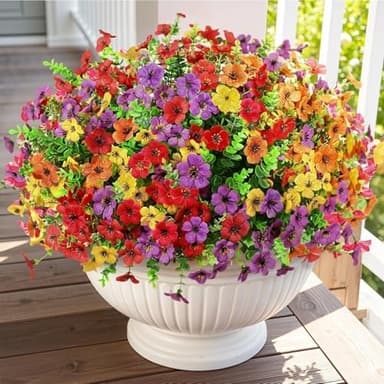 Artificial Outdoor Flowers, Realistic UV Resistant Waterproof Faux Plants, Full Looking Fake Flowers for Porch Planters Hanging Baskets Garden Patio Yard Outdoor Decor, 12 Bundles 4 Colors